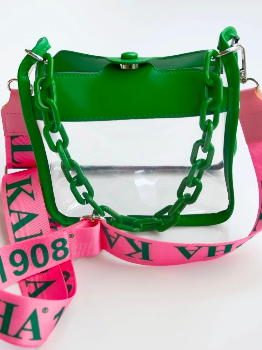 Green Clear Crossbody Bag with Pink AKA Strap